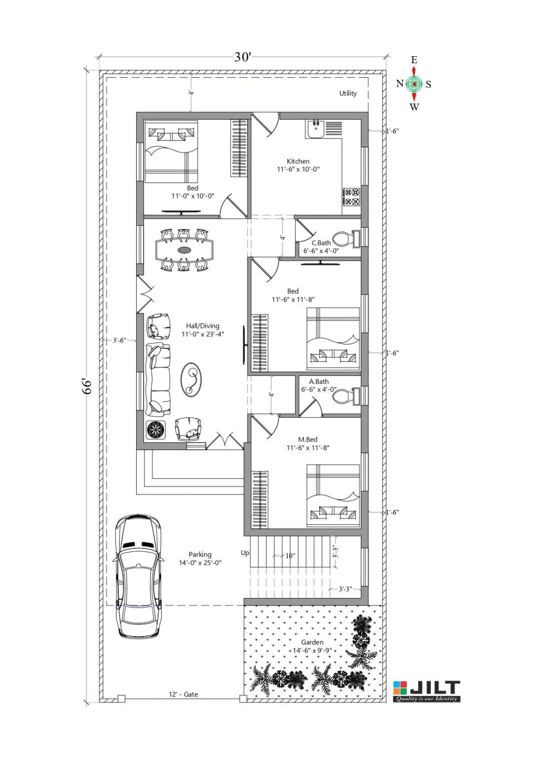 30’x66′ Floor Plan – West Face – 2BHK – JILT ARCHITECTS